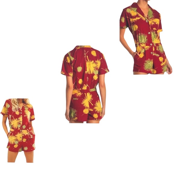 FREE PEOPLE Maroon Combo Malibu Tropical Print Romper Jumpsuit Sz XS - Picture 2 of 16